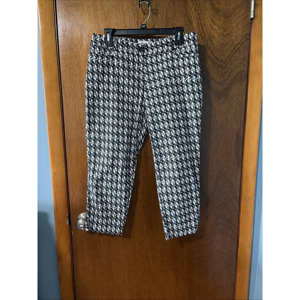 Talbots Black White Parrot Print Capri Pants Women 12P Tropical Bird Mid Rise